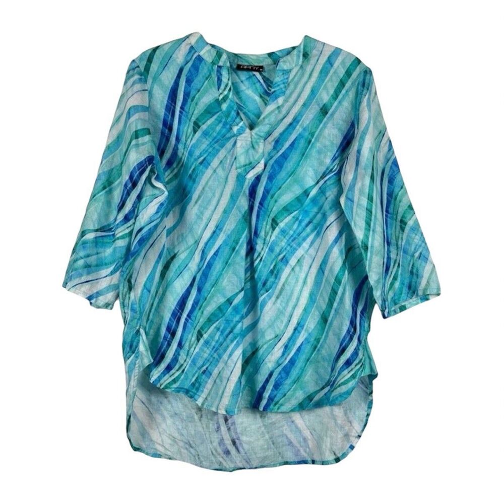 APNY Linen Tunic Top Womens M Lagenlook Coastal Beachy Resort Cruise Turqouise